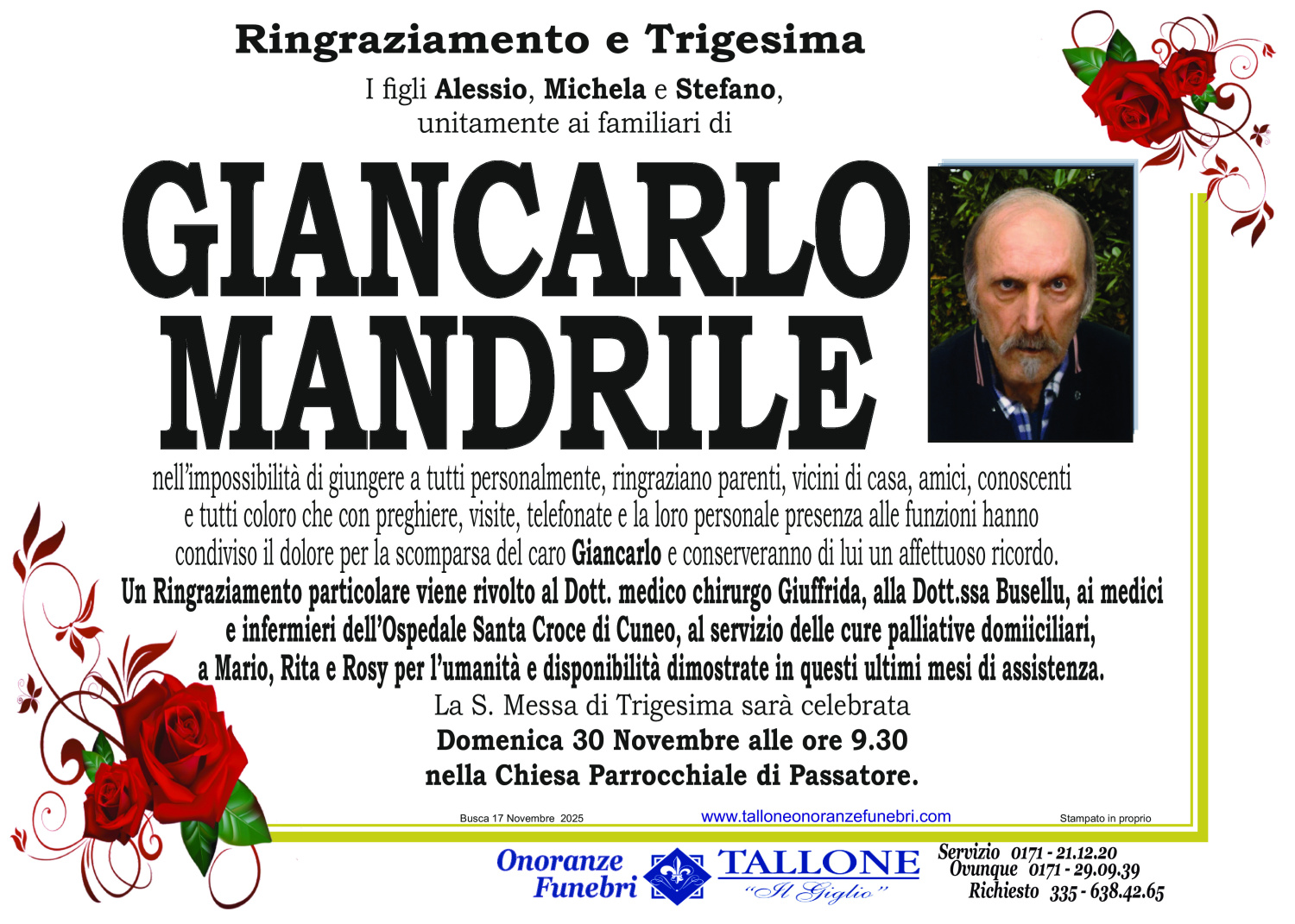 <br />
<b>Warning</b>:  Undefined variable $info in <b>/home/tallone/public_html/ringraziamenti.php</b> on line <b>68</b><br />
Giancarlo Mandrile